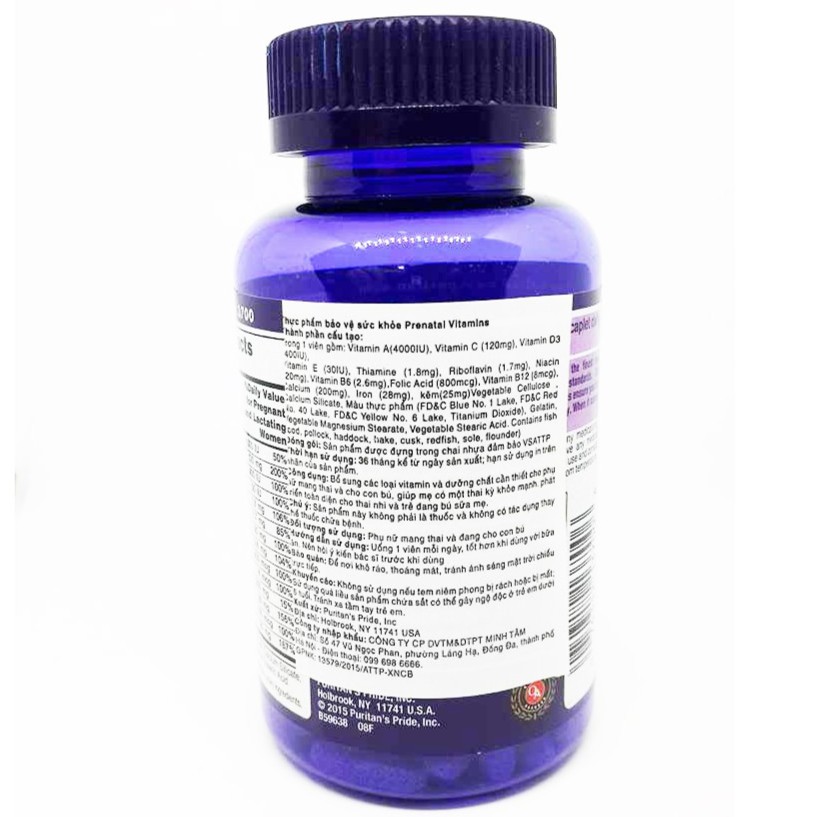 Dinh dưỡng cho bà bầu, cho mẹ cho con bú 1 viên/ngày - Vitamin tổng hợp Prenatal Vitamins của Puritan's Pride 100 viên | Thế Giới Skin Care