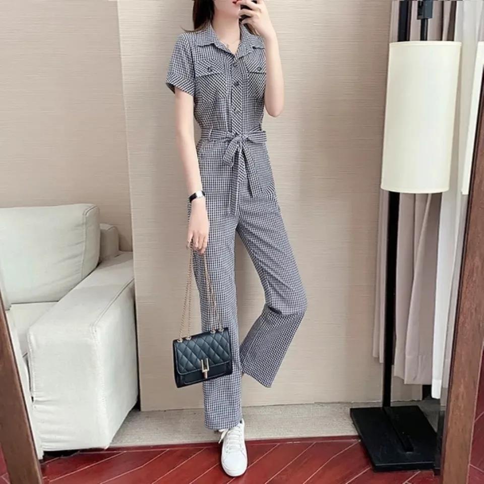 Jumpsuit lưng cao ống suông họa tiết sọc ca rô mẫu 2022 phong cách Hàn Quốc mới thời trang mùa hè dành cho nữ