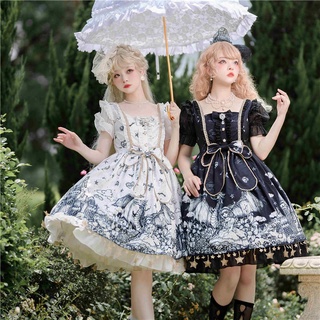 Đầm lolita OP thiết kế tối màu phong cách Gothic thanh lịch ngắn tay cho nữ