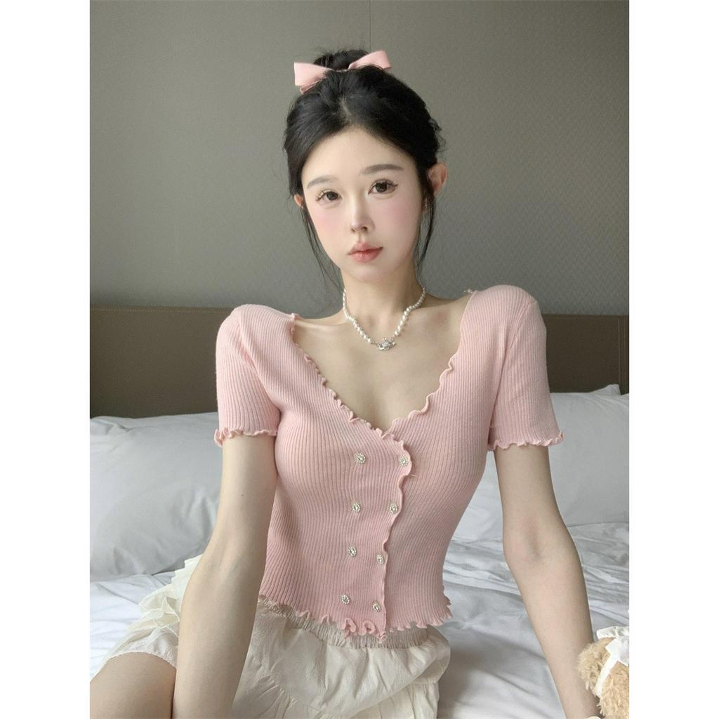 ZHELIHANGFEI Áo Dệt Kim Tay Ngắn Cổ Chữ V Vải Lụa Mát Thời Trang Quyến Rũ Cho Nữ