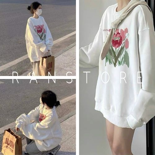 Áo sweater họa tiết hình hoa đỏ / Áo thun nam nữ cổ tròn tay dài màu trắng mặc đôi mặc nhóm_ranstore