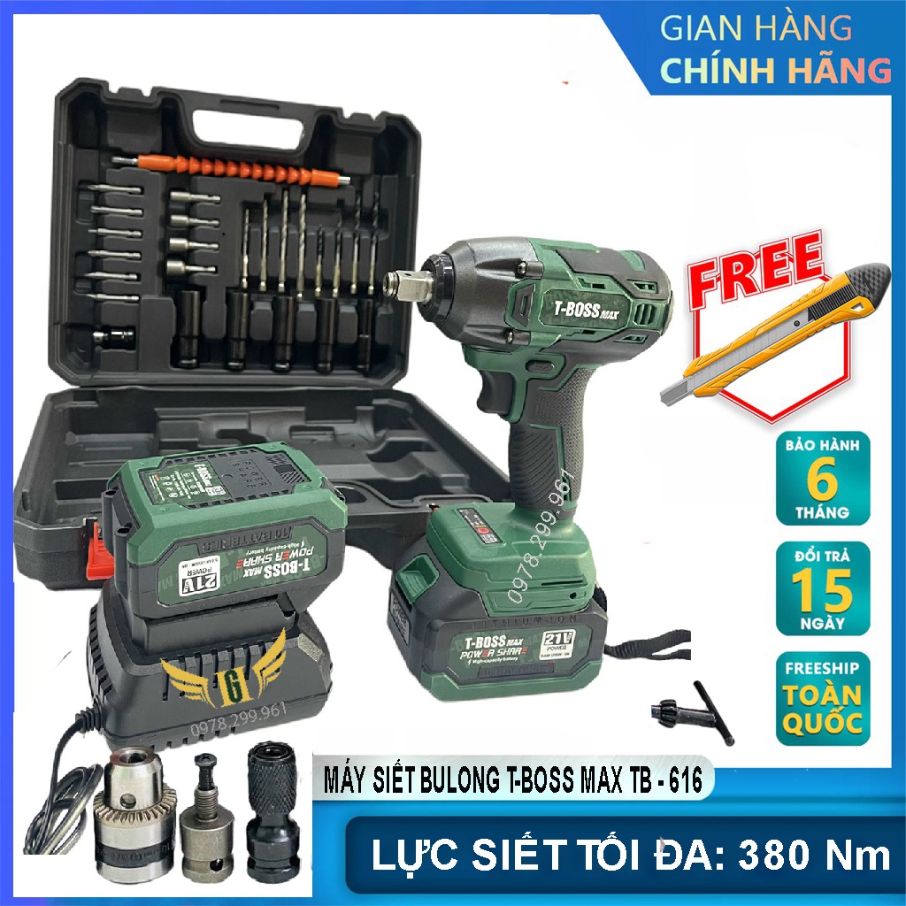 Máy Siết Bulong Máy Bắn Vít T-BOSS MAX TB - 616 Động Cơ Không Chổi Than, Tặng Full Phụ Kiện Như Hình