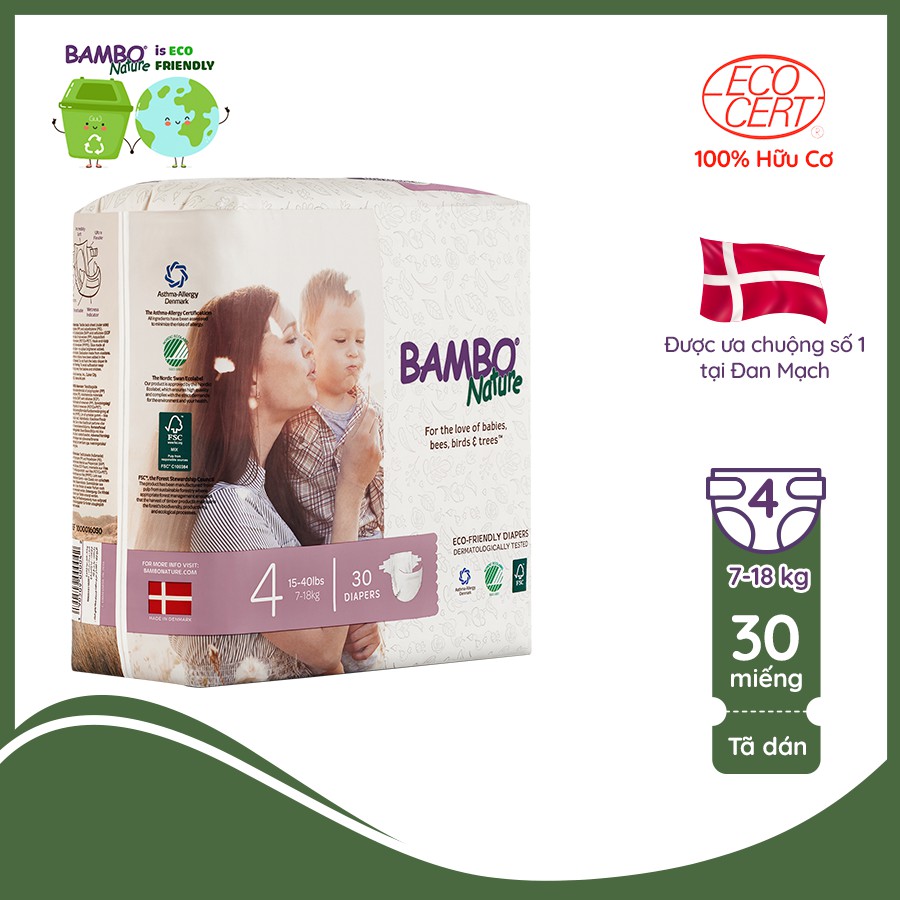 Tã Dán 100% Hữu Cơ Bambo Nature - Nhập Khẩu Đan Mạch - 7-18kg - L30 - 30 miếng