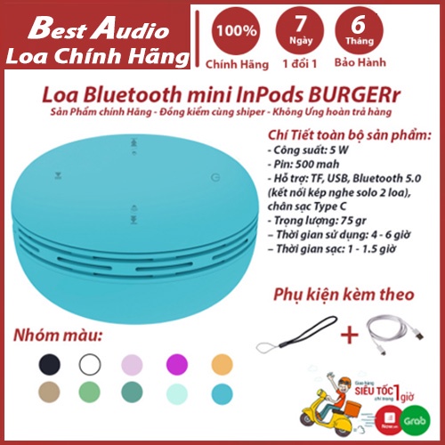 Loa Bluetooth mini không dây TWS inPods 5D BURGER nhiều màu sắc - Có chức năng kết nối 2 loa Super Bass Tăng Giảm Âm