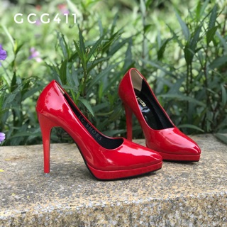 Giày cao gót LCSHOES gót nhọn màu đỏ đúp đế 11cm da bóng