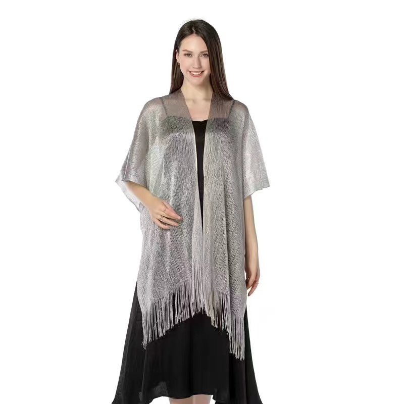 Áo choàng cardigan lụa lấp lánh phối tua rua phong cách phương tây dành cho nữ