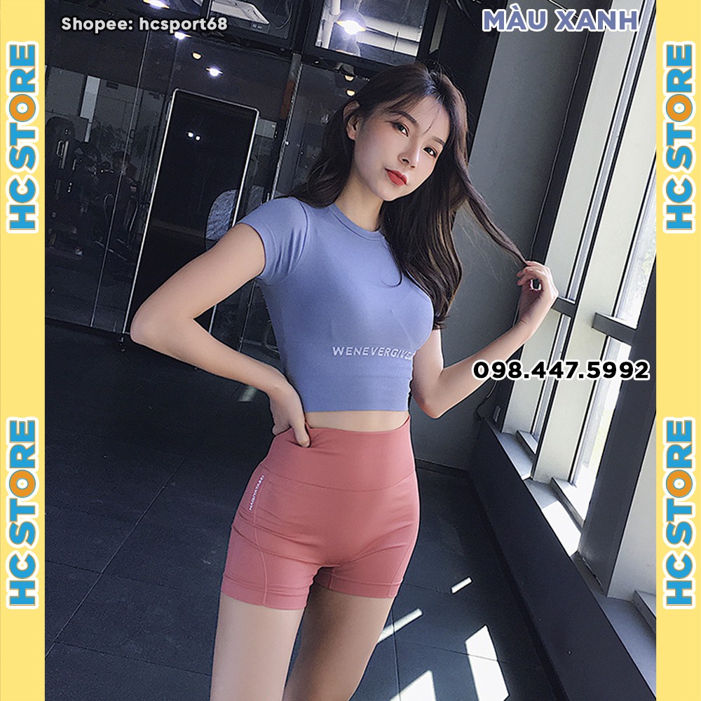 Áo Croptop Tập Gym Yoga Nữ WE NEVER GIVE UP AC14 Phom Body, Có Gen Bụng, Vải Dệt Cao Cấp Co Giãn 4 Chiều - HcSport68