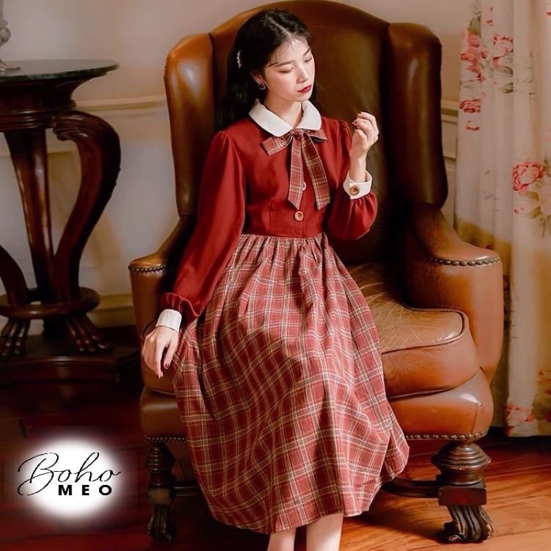 Đầm váy tiểu thư vintage có sẵn. Màu nâu phối caro