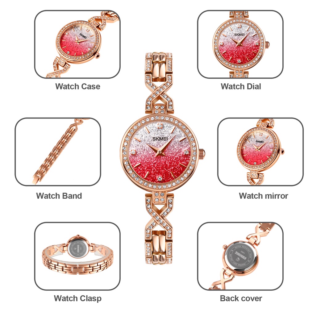 Đồng Hồ Quartz Nữ Đính Hột Xoàn Dây Thép Chống Thấm Nước SKMEI