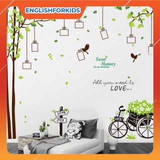 Decal dán tường cây xanh khung ảnh và xe hoa xanh
