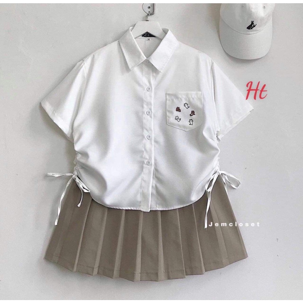 Áo sơ mi Rút eo túi Mèo chất liệu thô lụa (HT)