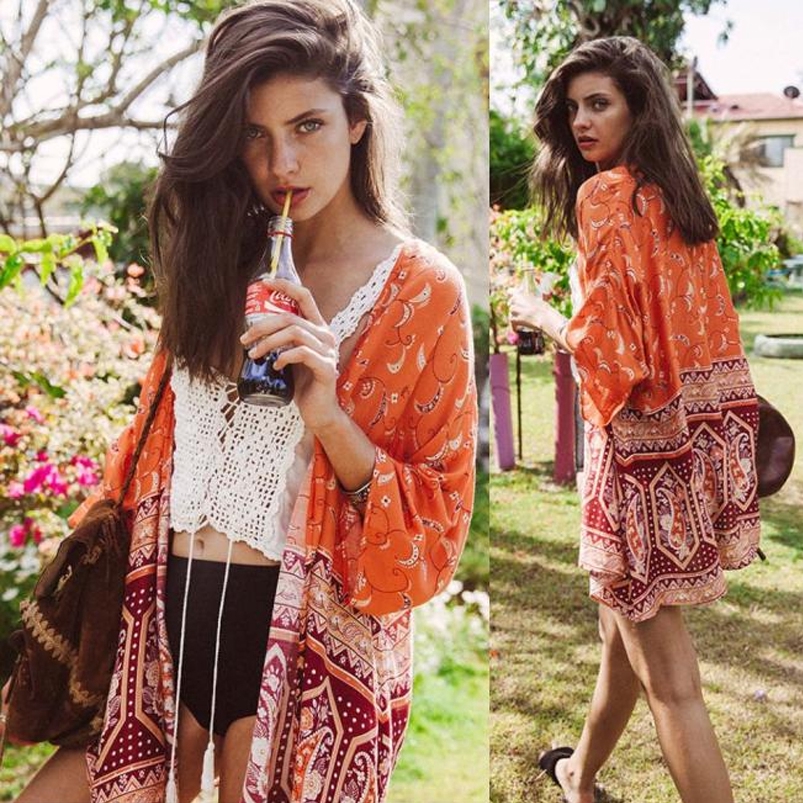 Áo Khoác Kimono Vải Chiffon In Họa Tiết Thổ Cẩm Màu Cam Phong Cách Boho Cho Nữ