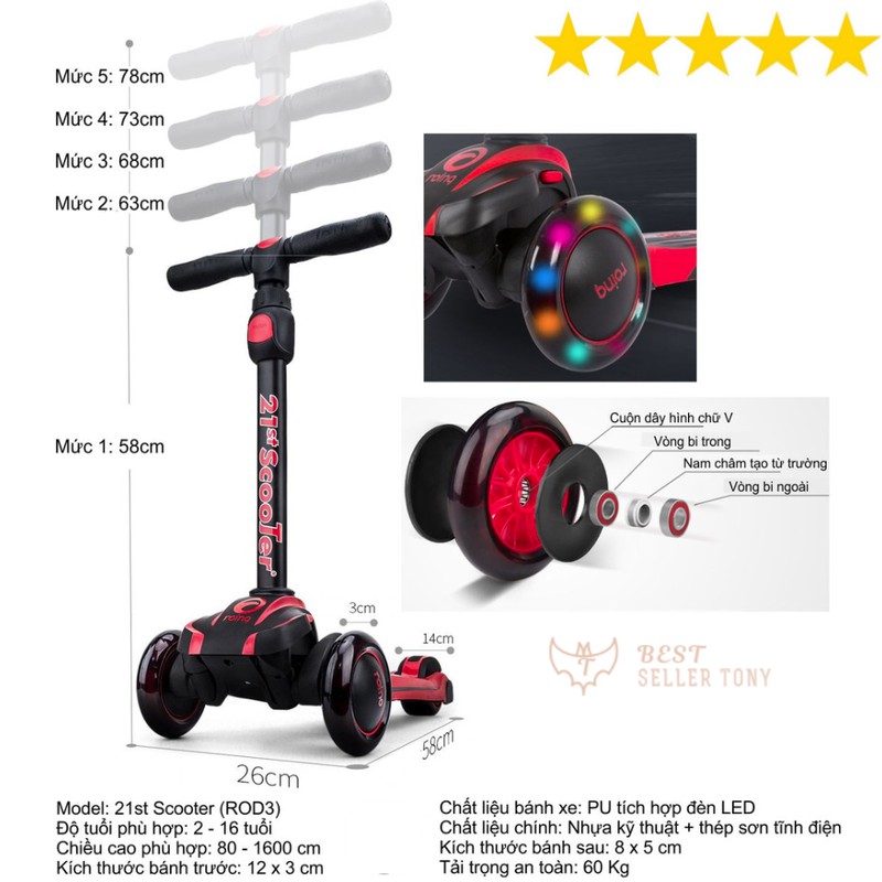 Xe trượt 3 bánh có chế độ giảm sốc RedRose Scooters Cao Cấp - Kèm set đồ bảo hộ cho bé