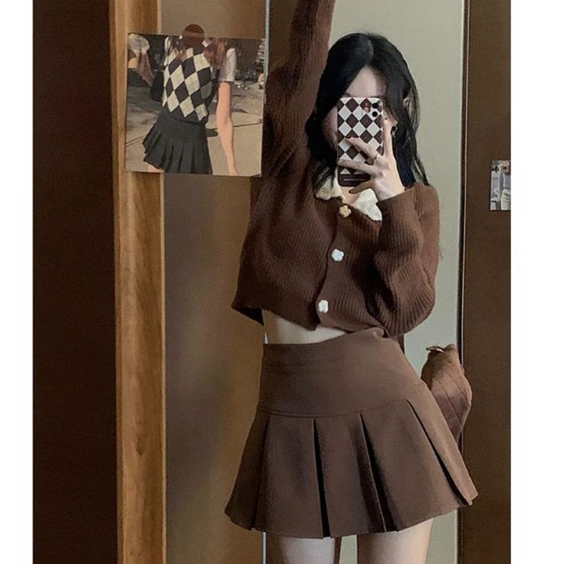 Set áo cardigan len + chân váy xếp ly màu nâu phong cách Hàn Quốc siêu đáng yêu dành cho nữ