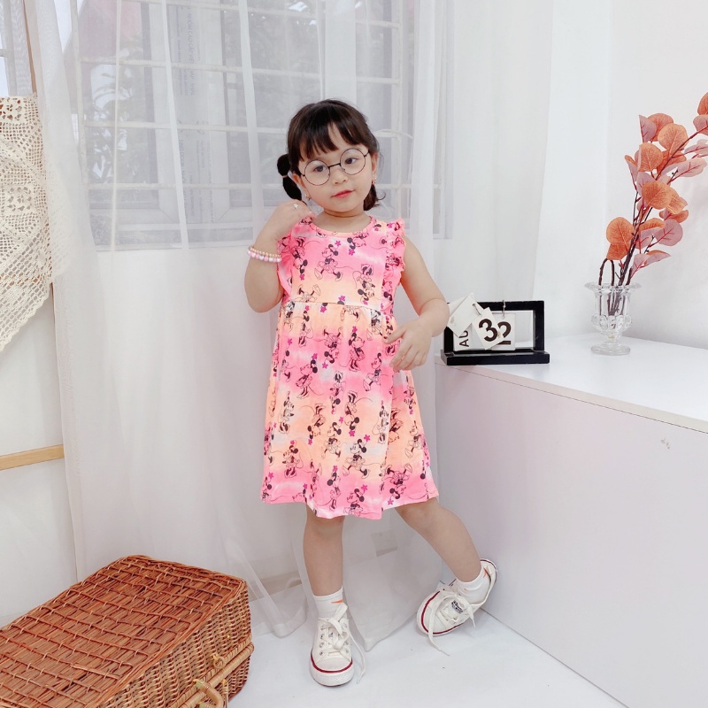 Váy cho bé gái, đầm sát nách cho bé phối bèo chất liệu cotton xuất dư cao cấp, mềm mại Xu Xu Kids size từ 10 đến 25kg