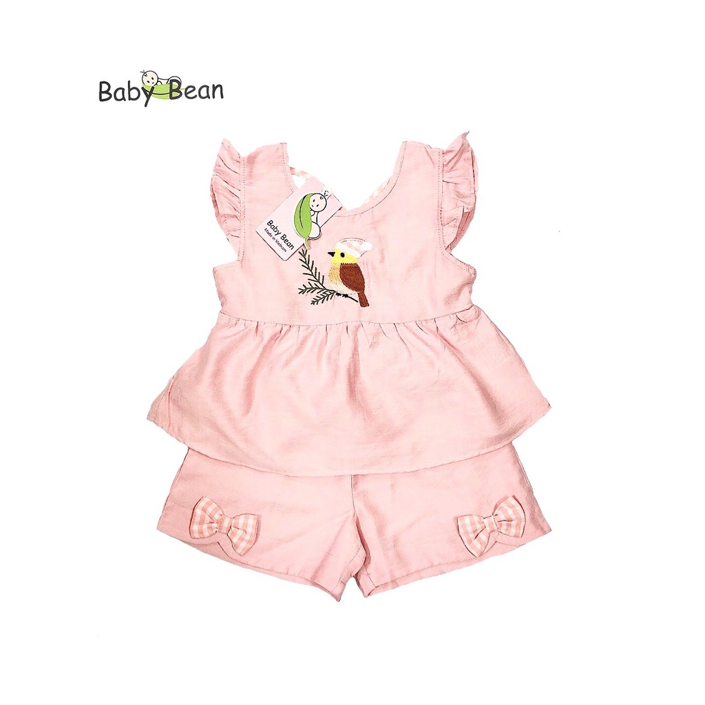 Bộ Đồ Đũi Chéo Lưng Đính Nơ thêu Chim Bé Gái BabyBean (10kg-35kg)