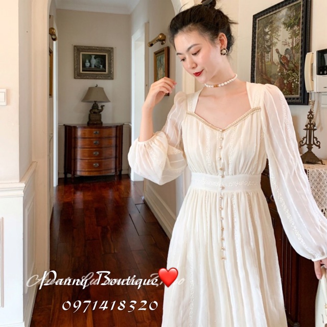 Đầm voan thêu nổi cổ vuông nút ngọc, style ulzzang Hàn Quốc 🌻 Panny Boutique 🌻