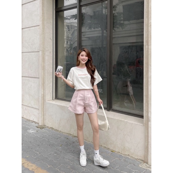 BIBOO - Áo thun cổ tròn tay ngắn in chữ INTROVERT phối bo cổ màu hồng