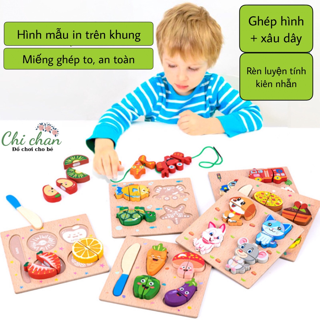 Đồ chơi gỗ xếp hình 3D kiêm luồn dây luyện kỹ năng cho bé, montessori, đồ chơi giáo dục - Chi chan 011