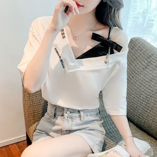 Áo Thun Tay Ngắn Cổ Chữ v Hở Vai Thời Trang Mùa Hè Hàng Mới 2022 Dành Cho Bạn Nữ