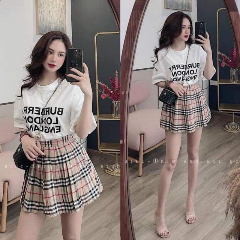 Set áo phông, chân váy kẻ bbr nữ