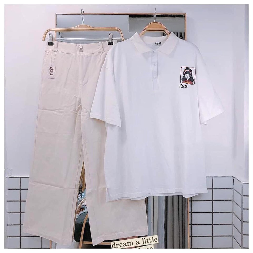 Áo thun POLO nữ tay lỡ có cổ phông form rộng freesize unisex mặc đi học, cặp, nhóm, lớp in hình CÔ GÁI chữ CUTE