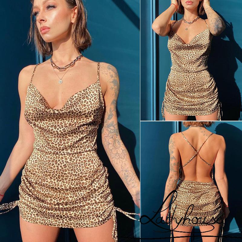 LDD-Women´s Summer Mini Dress, Sleeveless Spaghetti Strap Side Drawstring Leopard/Zebra Print Dress
