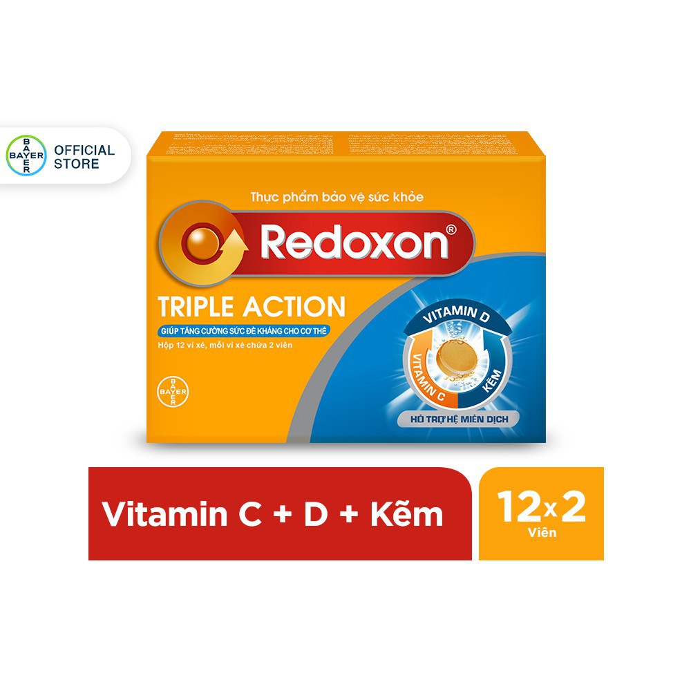 Bộ 2 Hộp Viên Sủi Bổ Sung Vitamin C, D, Và Kẽm Redoxon Triple Action 24 Viên/Hộp + Tặng Áo Mưa Cam