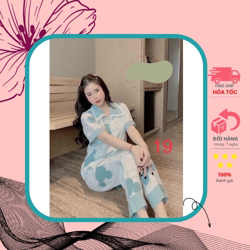 Bộ đồ ngủ pijama nữ cộc tay quần dài chất lụa Kate Thái mềm mịn họa tiết đầu mickey  chữ micky xanh