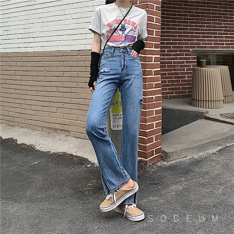 Quần jean nữ co giãn, Quần bò cạp cao ống vẩy rách xẻ tà màu xanh sogeum.store | BigBuy360 - bigbuy360.vn