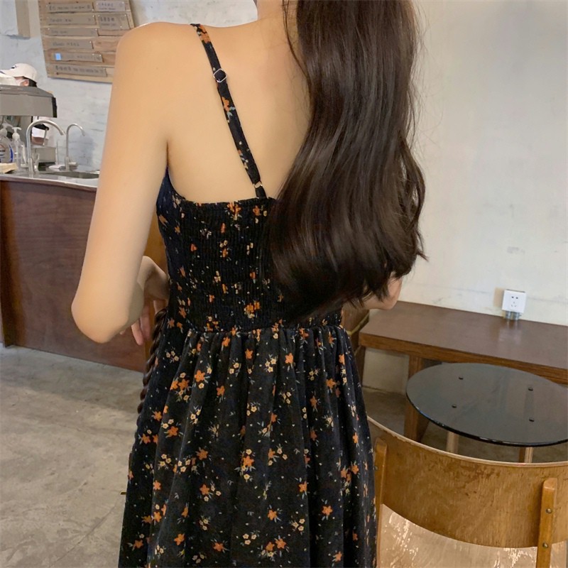 Váy Hai Dây Nhung Tăm Hoa Nhí Xẻ Tà V27 Loại Chun Lưng Hàng Quảng Châu Đẹp