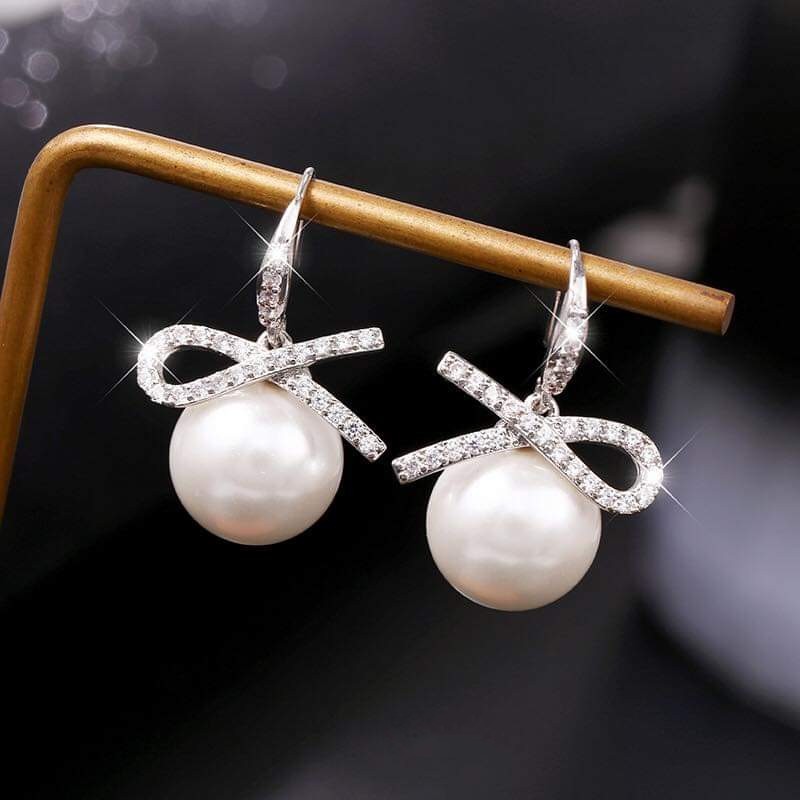 Bông tai bạc Bông nơ gắn đá trắng nhỏ Van Jewelry V10439 treo Ngọc trai nhân tạo xinh xắn