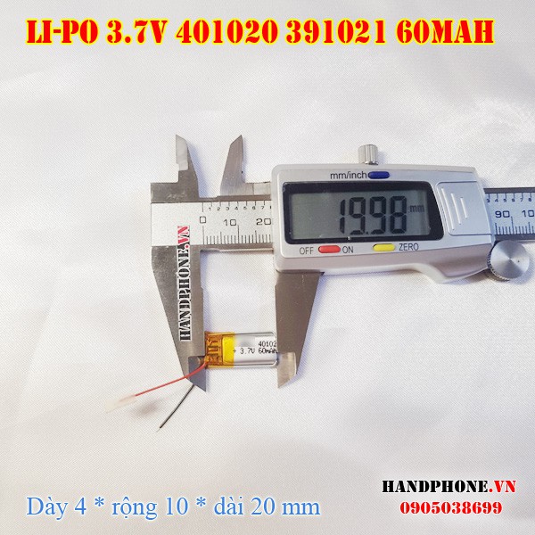 Pin Li-Po 3.7V 60mAh 401020 391019 (Lithium Polymer) cho tai nghe Bluetooth, định vị GPS, máy ghi âm