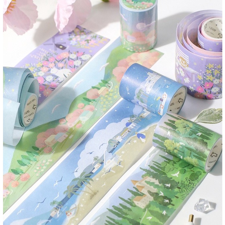 Washi tape khổ lớn nhiều mẫu dễ thương, cổ điển, lấp lánh dài 3-8m, cuộn Sticker dán bullet journal