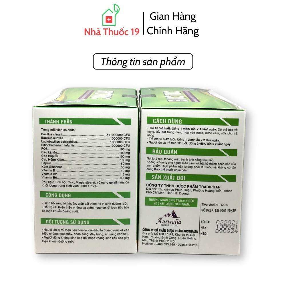 Men Vi Sinh Biotic - Giúp Bổ Sung Lợi Khuẩn, Giảm Tiêu Chảy, Đầy Bụng, Khó Tiêu, Cải Thiện Vi Sinh Đường Ruột (Hộp 100V)