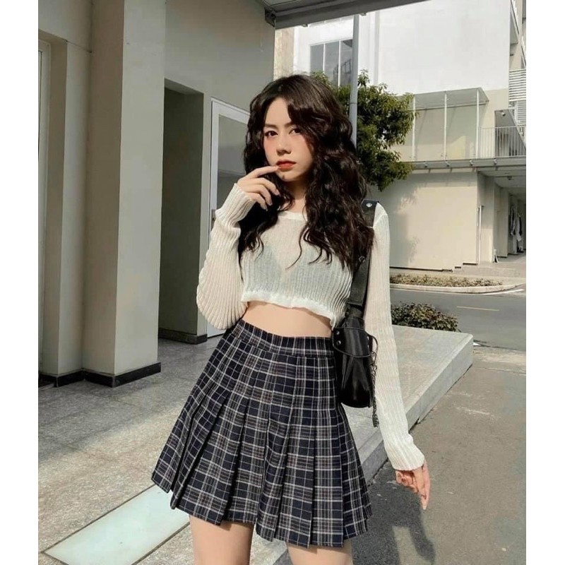 Sét áo croptop đũa + chân váy xếp ly sọc