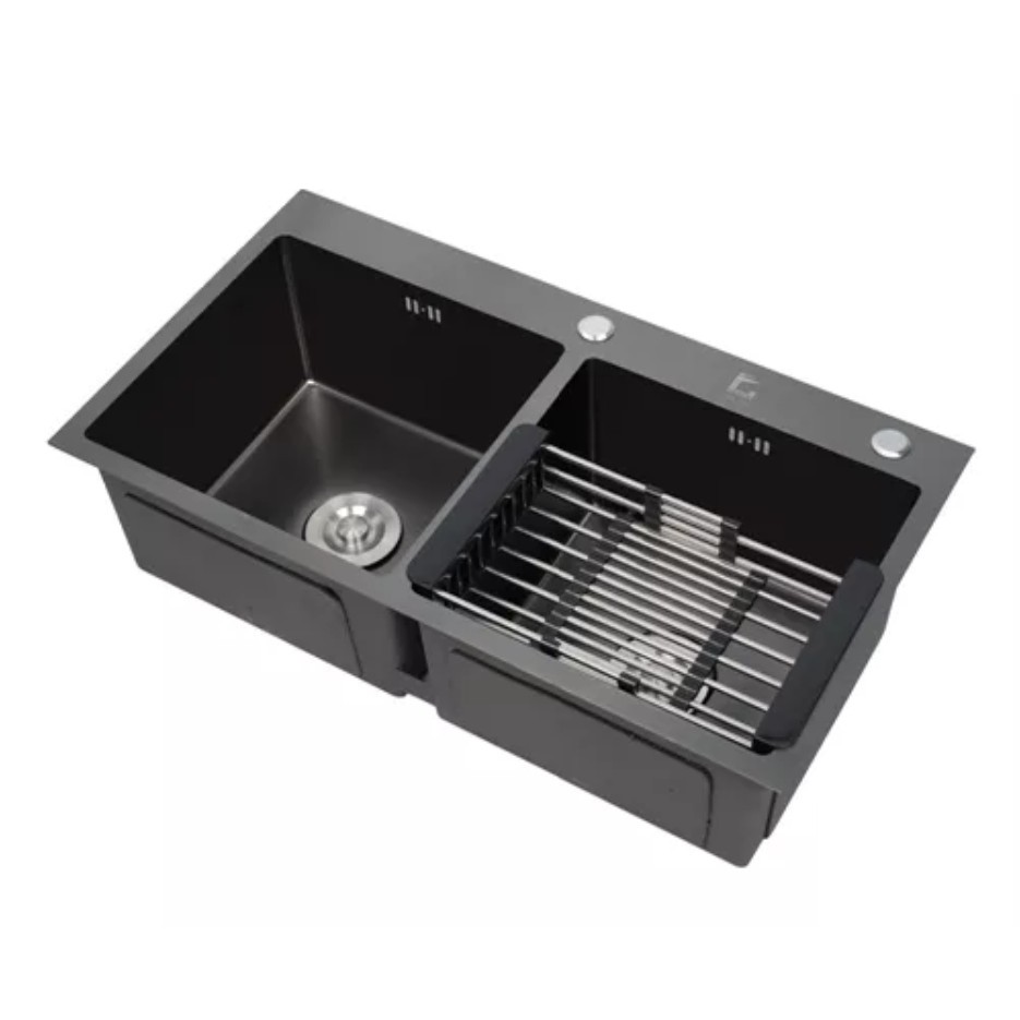 Chậu rửa chén bát inox 304 nano kháng khuẩn 8274 hai hố cân cao cấp bộ xả chậu rổ rút inox