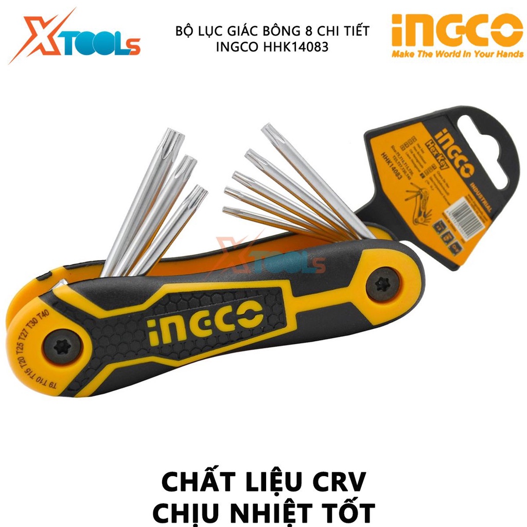 Bộ lục giác bông xếp 8 cây INGCO HHK14083 | Bộ 8 chìa lục giác bông chất liệu Cr-V Chịu nhiệt và thép chrome - 96/T kích