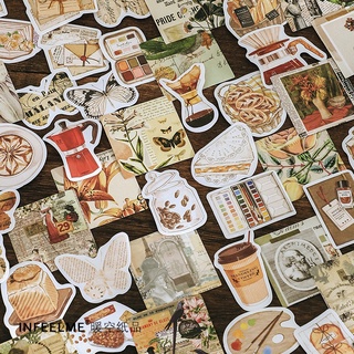 Hộp 46 chiếc sticker retro cổ điển, đồ ăn, cà phê, bướm, tem, bánh ngọt trang trí sổ bullet journal