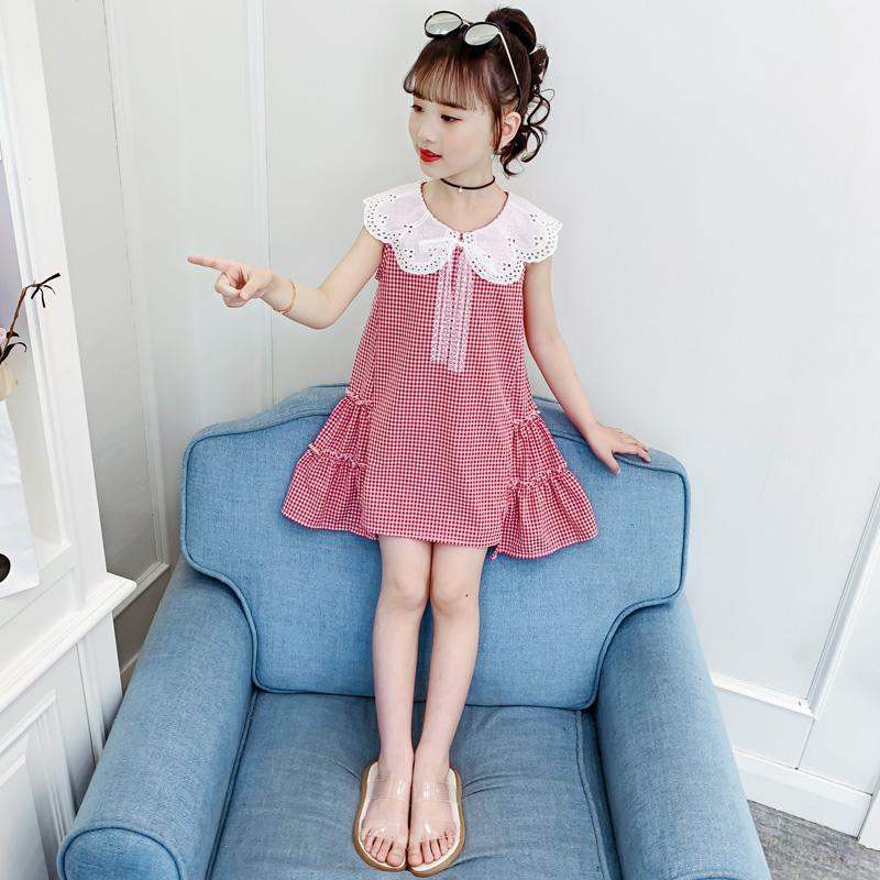 (C036)Đầm bé gái cổ bèo phối ren có dây buộc lơ họa tiết caro kiểu dáng độc lạ bắt mắt cho bé đón hè mẫu mới