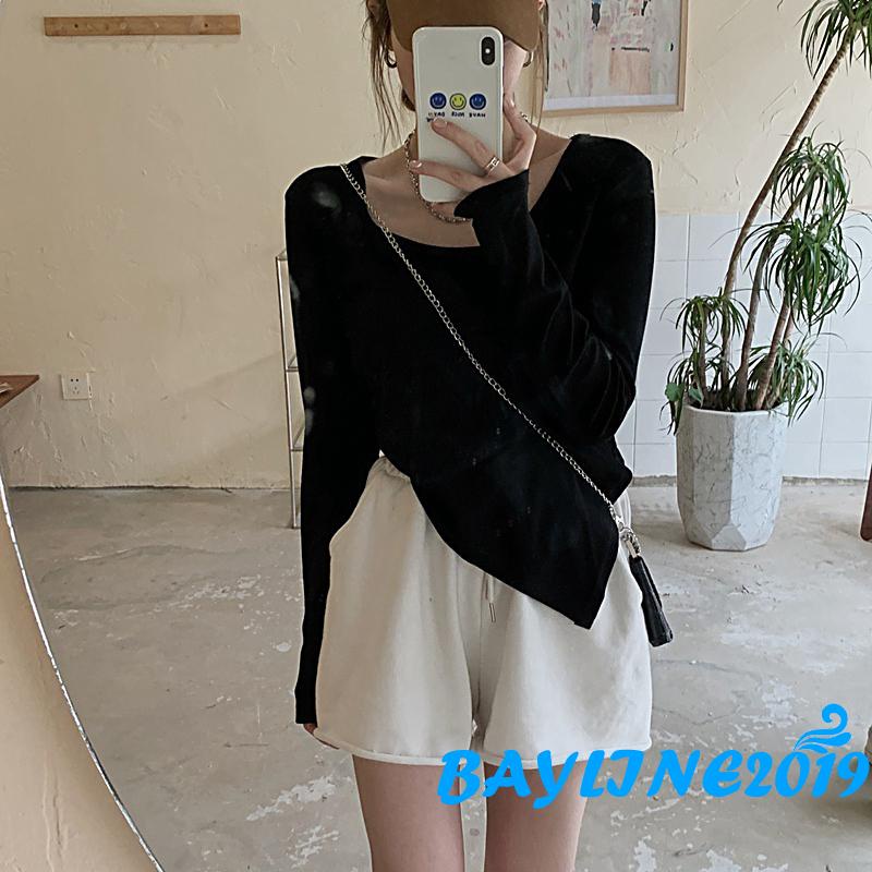 Áo thun dành cho nữ tay dài cổ tròn màu sắc thời trang quyến rũ