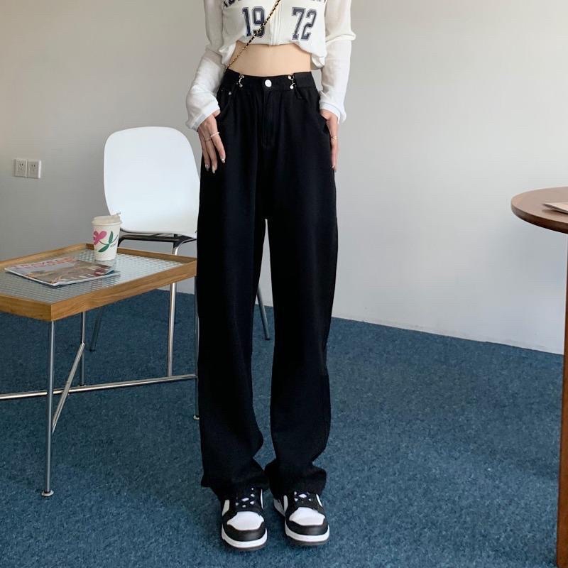 Quần Jeans Nam Nữ  Màu Đen Trắng Xanh Cạp Khuy Điều Chỉnh Eo Basic Hách Eo Hách Dáng Cạp Cao Ống Suông Loại 1