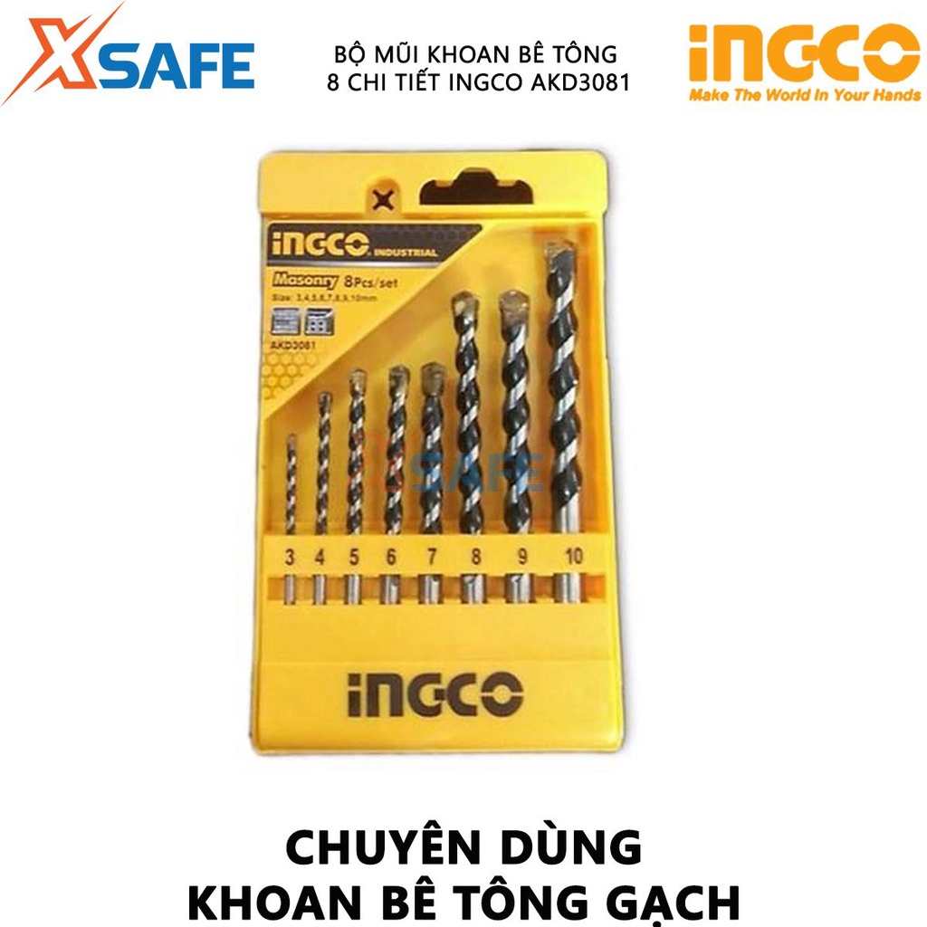 Bộ mũi khoan bê tông 8 chi tiết INGCO AKD3081 Bộ 8 mũi khoan đuôi trơn đóng gói hộp nhựa chắc chắn