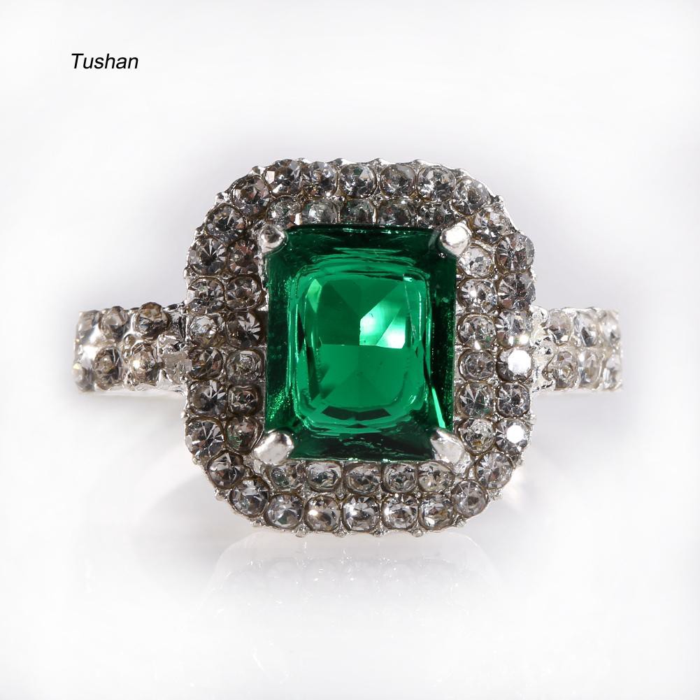 Nhẫn Cưới Mạ Bạc Đính Đá Zircon Màu Xanh Lá Cây Thời Trang Cho Nữ