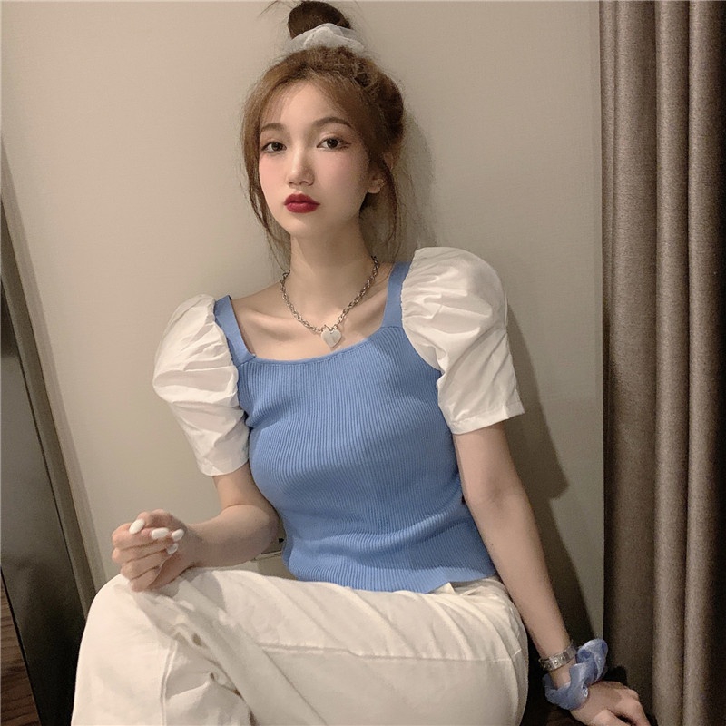 Áo thun ZHELIHANGFEI tay ngắn phồng cổ vuông phong cách phương Tây thời trang mùa hè cho nữ