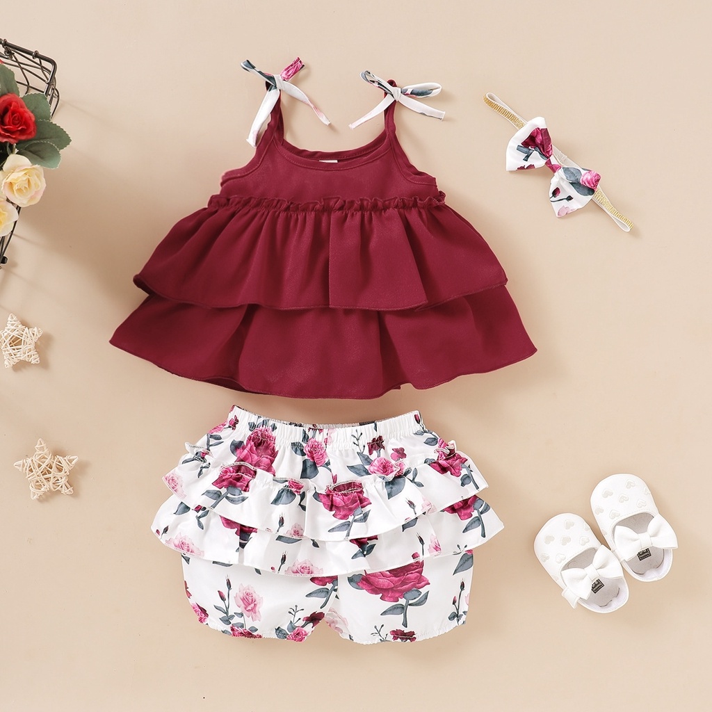 Bộ Áo Không Tay In Hoa Hồng + Quần Short Vải Lanh Phối Bèo Thời Trang Cho Bé