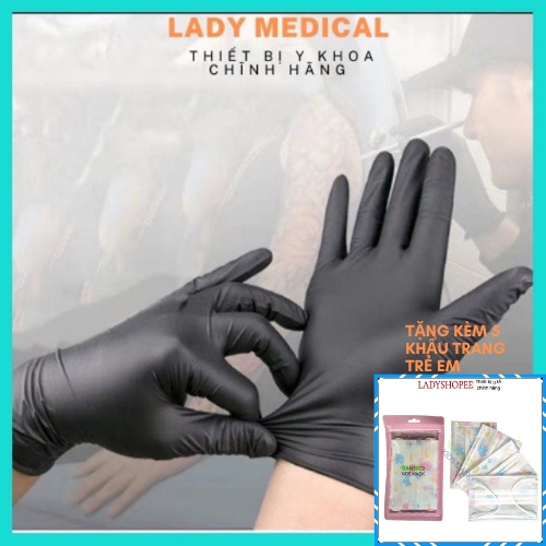 Găng tay y tế Nitrile không bột hộp 50 cái màu đen -tặng khẩu trang trẻ em - Lady Medical