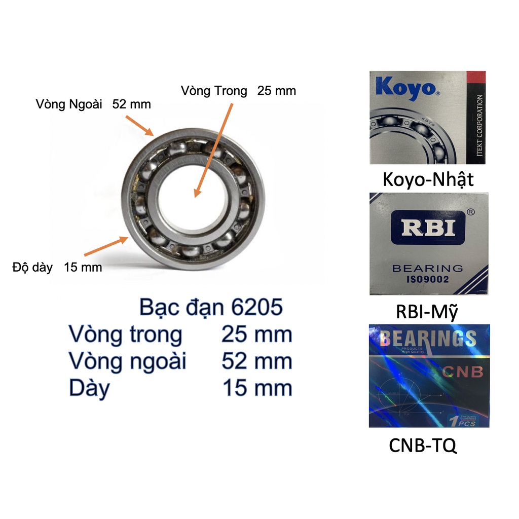 Vòng bi bạc đạn 6205  có nắp không nắp  Koyo/RBI/KG/CNB