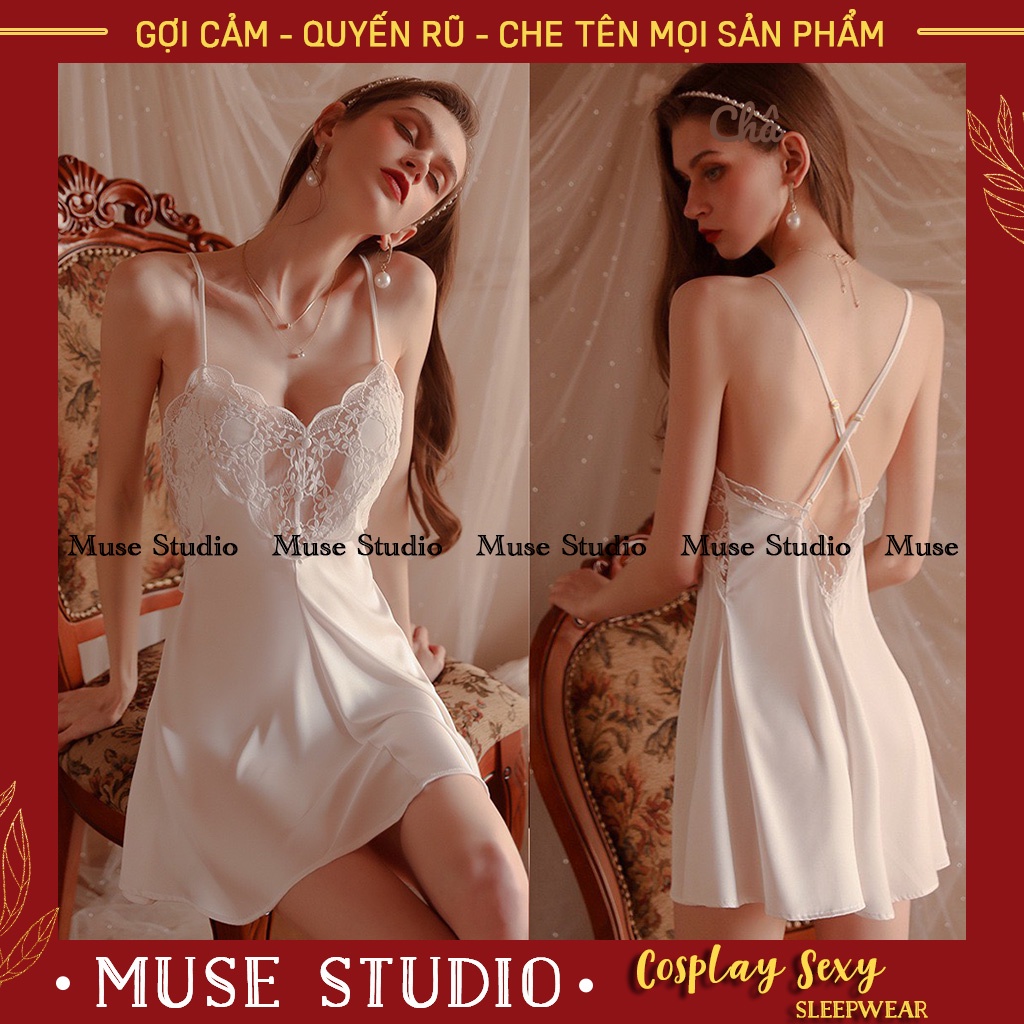 váy ngủ sexy, đầm ngủ hai dây sexy ngực phối voan ren nổi vải satin cao cấp siêu gợi cảm - MUSE STUDIO MS006