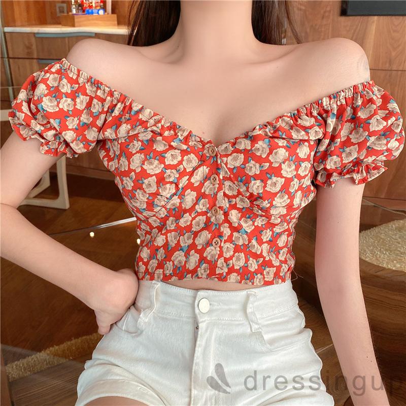 Áo kiểu crop top tay ngắn cổ chữ V phối nút cài họa tiết hoa thiết kế thanh lịch thời trang cho nữ